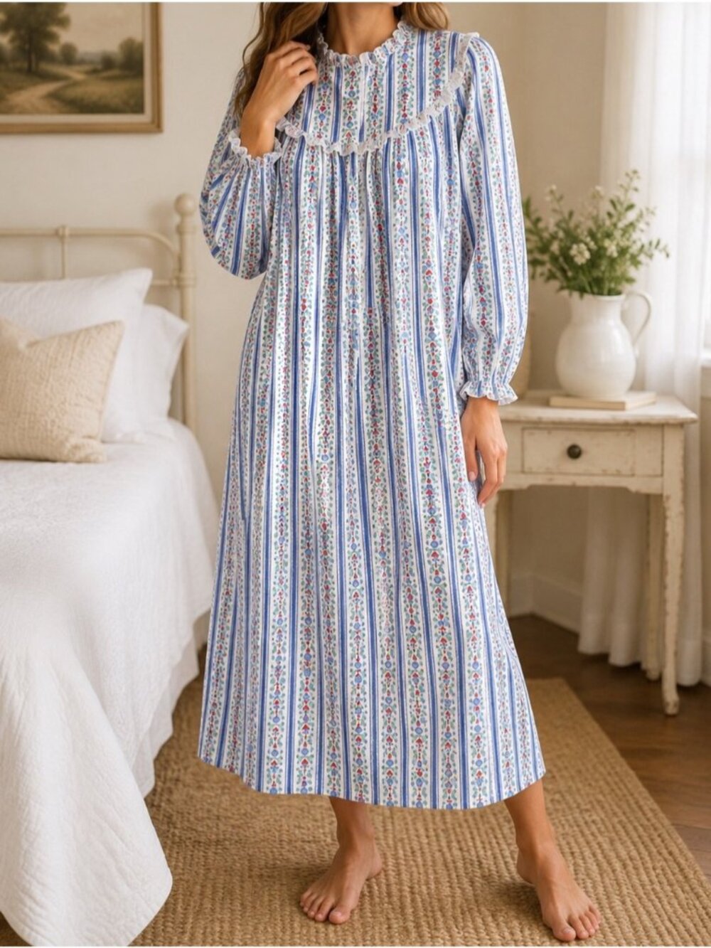 Vintage Chan-Tel Floral Prairie Nightgown Cottagecore Hearts & Floral Stripe